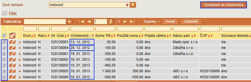 Ak označíte viacero dokladov, vytvorí sa v module Účtovníctvo / Pokladňa účtovný doklad len