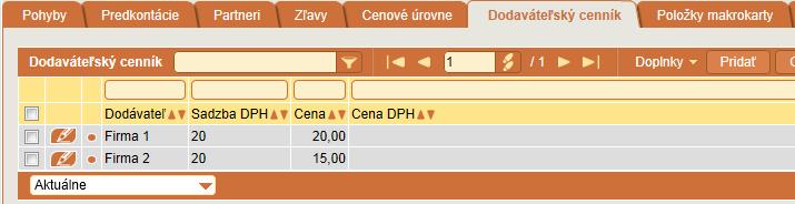 Objednávky Dodávateľský cenník umožňuje výber partnerov (dodávateľov) zo záložky Dodávateľský cenník v Skladovej karte.