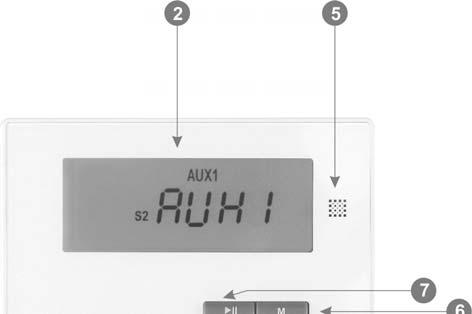 Popis prvků čelního panelu: 1. Hlavní vypínač. 2. LCD displej 3. USB konektor. Zde můžete zasunout flash usb paměť, na které mějte uloženy Mp3 soubory. 4.