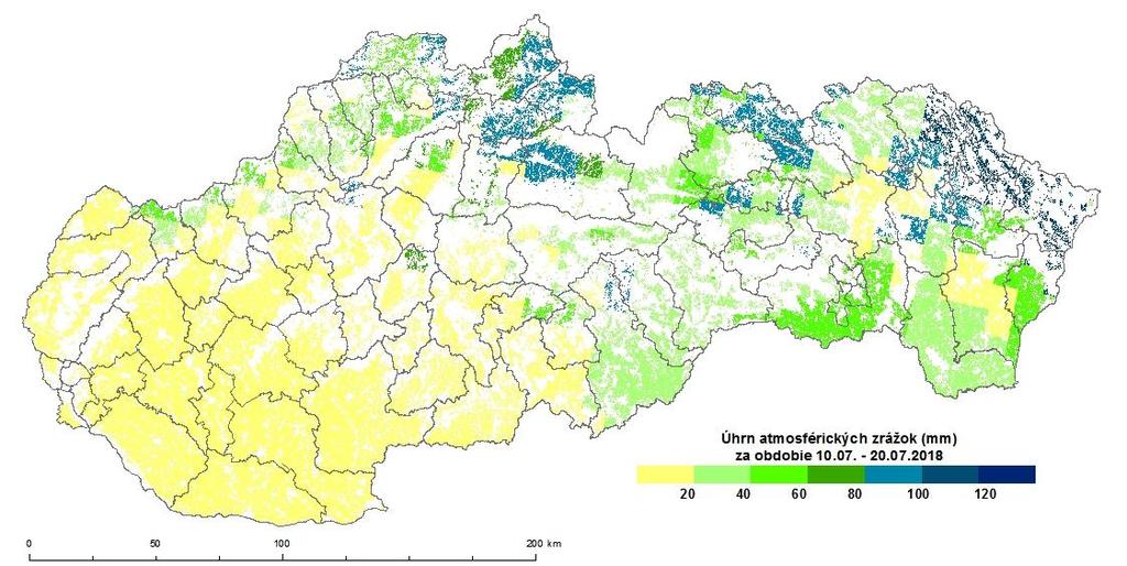 Úhrn atmosférických zrážok v druhej dekáde júla sa na území Slovenska pohyboval od menej ako 20 mm do až do 100 120 mm, pričom na zrážky najbohatší bol sever a najmä severovýchod Slovenska.