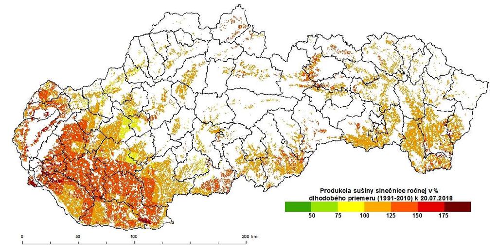 Obr. 7 Simulovaný vegetačný index vodou limitovaná celková produkcia biomasy (interpretovaný ako percento dlhodobého priemeru) k 20. 7. 2018 pre porast kukurice na zrno Obr.