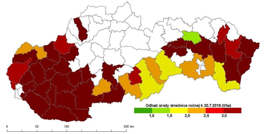 Tab. 2 y úrody slnečnice ročnej v t/ha v poľnohospodárskej sezóne 2018 (k 20. 7.