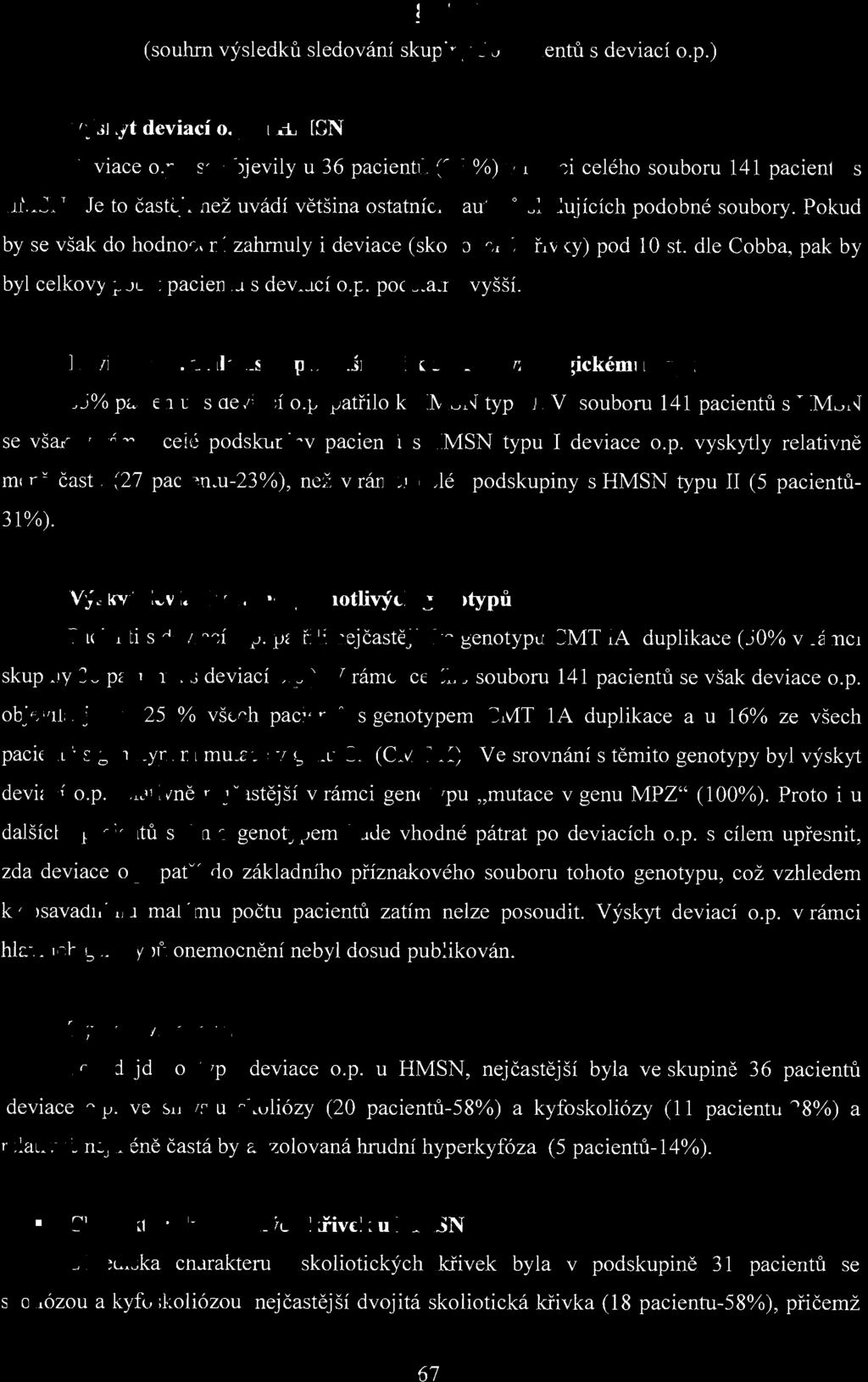 dle Cobba, pak by byl celkový p o čet pacientů s deviací o.p. po d st atně vyšší. Deviace o.p. z hlediska p řísluš nosti k elektrofyziologickému typu 85% paci entů s deviací o.p. p atřilo k HMSN typu 1.