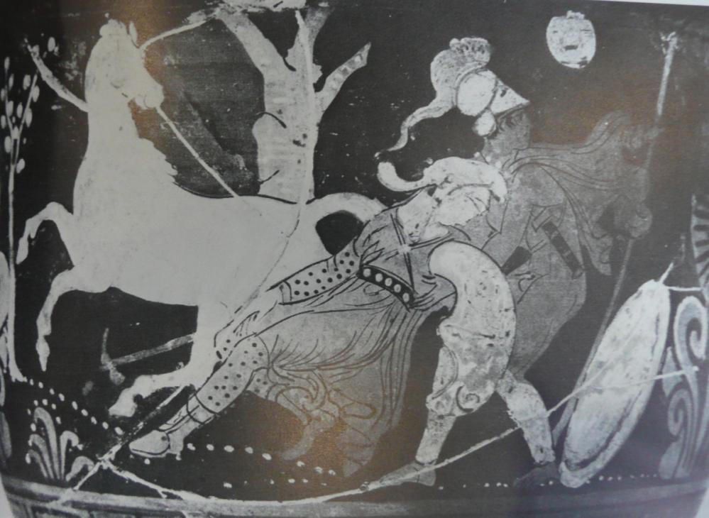 Schéma č. 7 - Bojovník odnášející tělo padlého bojovníka Tento typ vyobrazení je použit buď jako ústřední motiv, nebo se nachází na okraji celé scény.