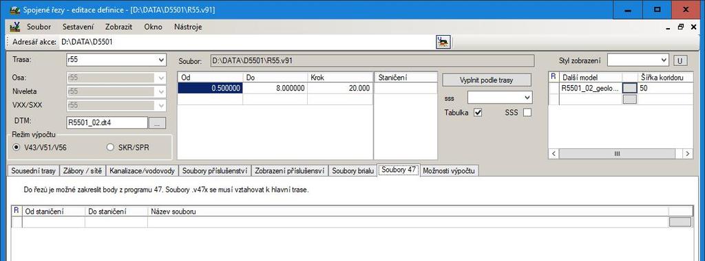 Vytyčení a modely silničních komunikací. Stačí zadat příslušné vstupní soubory programu SI47 rozšíření.