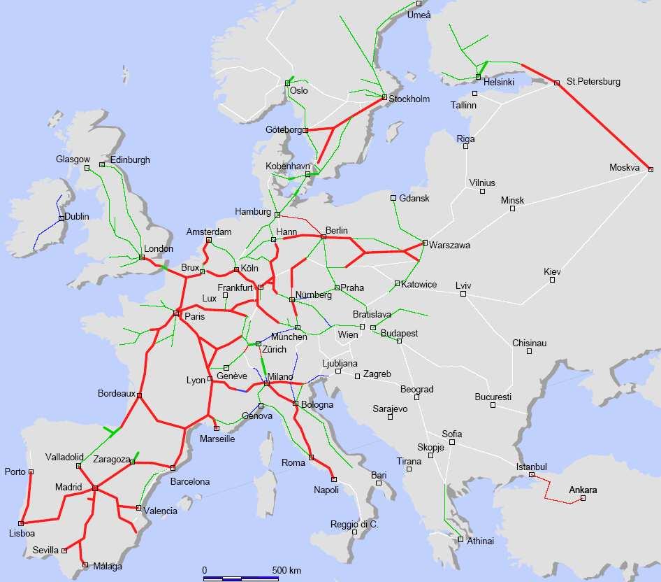 Síť VRT v Evropě dle UIC v roce 2020 Transevropská dopravní síť Cíl: odstranění úzkých a problémových míst (hrdla dopr.