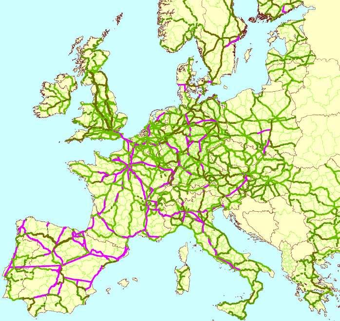 TEN-T T r. 2020: 20 000 km tratí s V > 200 km/h Železniční síť TEN-T (2015) Projekty transevropské dopravní sítě související s vysokorychlostní žel. dopravou 1.