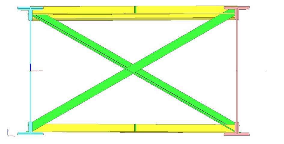 6.3 Příčné ztužení Příčné ztužení je modelováno jako prutový prvek. Horní a dolní pas příhradových ztužidel tvoří průřez složený ze dvou profilů L70x8. Diagonály jsou tvořeny z jednoho profilu L70x8.
