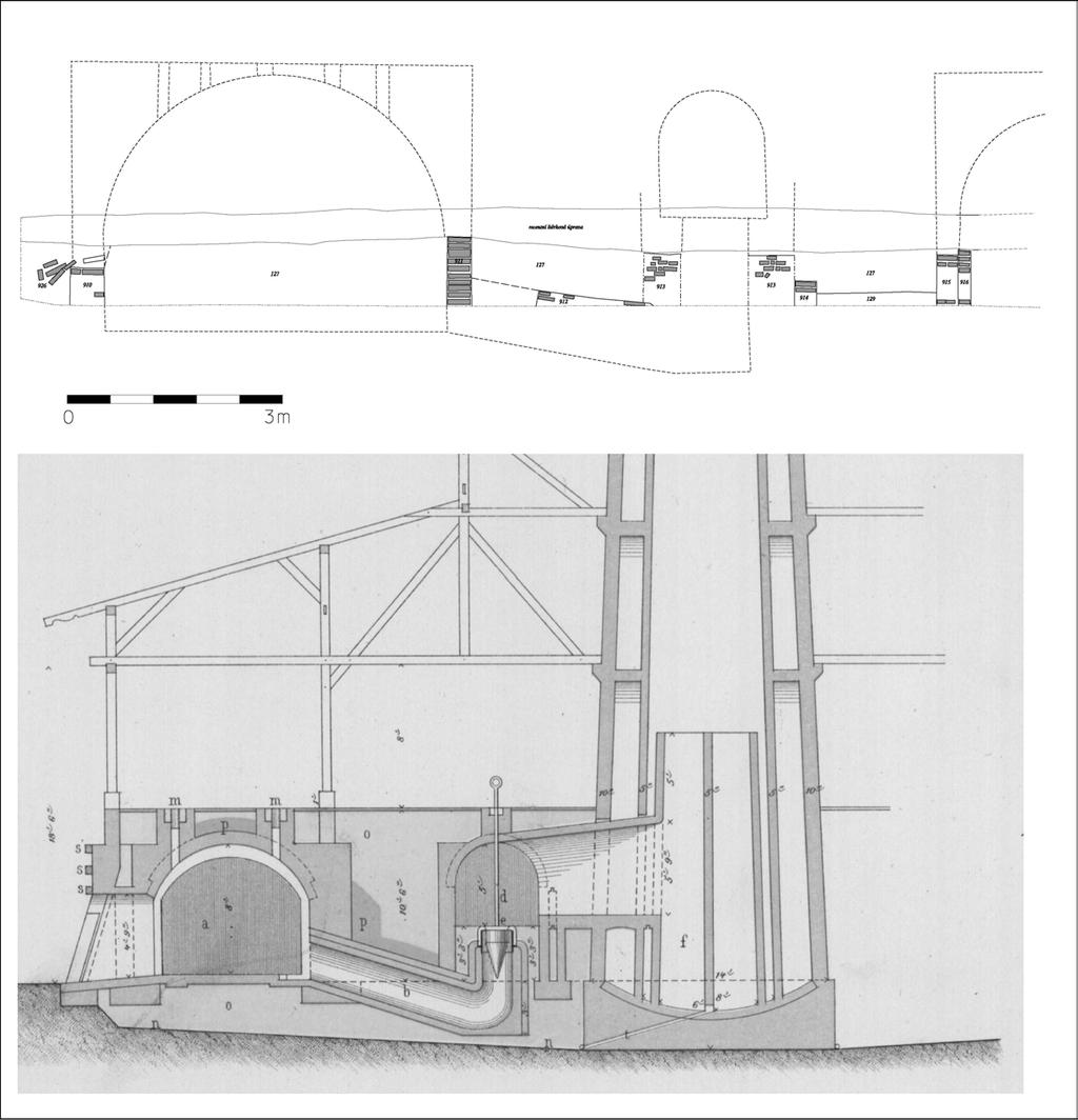 Obr. 7 Nahoře částečně rekonstruovaný řez západní částí pece s vypalovací komorou,