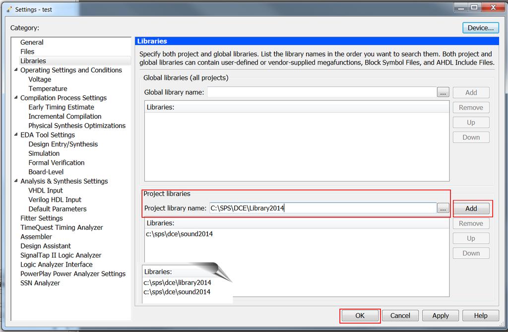 Nastavení knihoven Z okna Project Navigator programu Quartus vyvoláme pravou myší kontextové menu řádku Cyclone a volíme Settings... V dialogu Settings ve stromu Category zvolíme Libraries.