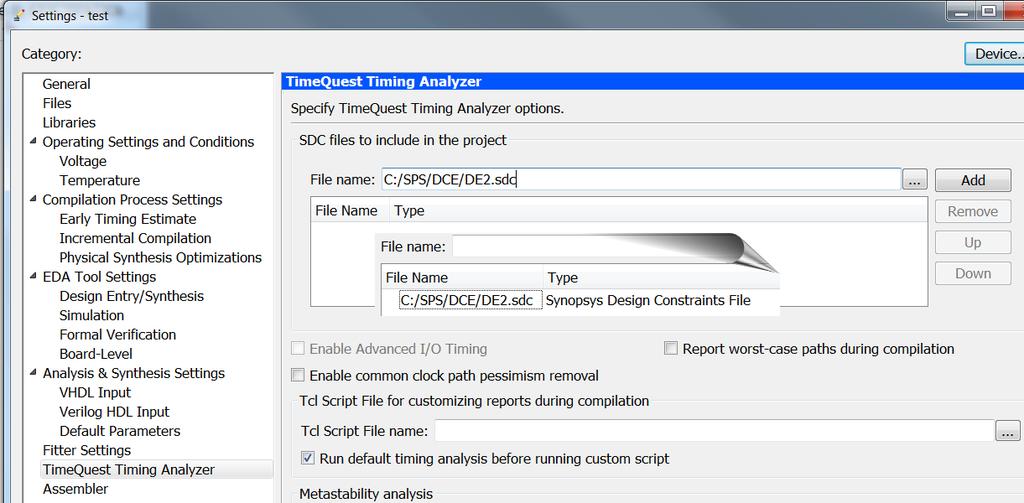 Vyberte ve stromu Category položku TimeQuest Timing Analyzer a vyhledejte tlačítkem [ ] na disku soubor DE2.sdc. Poté ho tlačítkem [Add] ho přidejte do seznamu souborů SDC, které má analyzátor použít.