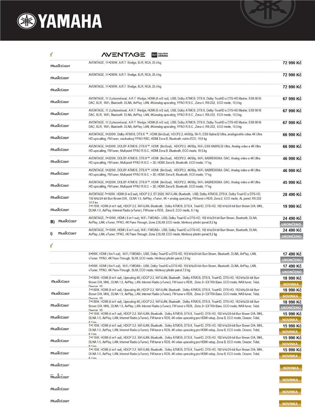 model popis cena AV RECEIVERY AVENTAGE, 11 290W, A.R.T. Wedge, XLR, RCA, 25,4 kg 72 990 Kč AVENTAGE, 11 290W, A.R.T. Wedge, XLR, RCA, 25,4 kg 72 990 Kč AVENTAGE, 11 290W, A.R.T. Wedge, XLR, RCA, 25,4 kg 72 990 Kč CX-A5100 BLACK AVENTAGE, 11.