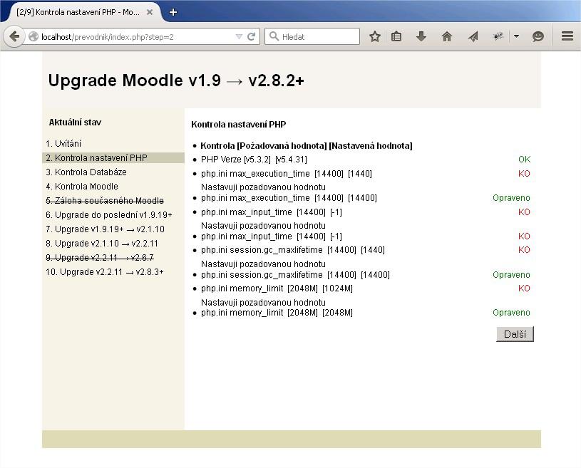 Obrázek 3: Kontrola nastavení PHP. V případě, že vše proběhlo bez obtíží a všechny potřebné parametry jsou nastaveny, je možné přistoupit k dalšímu kroku.