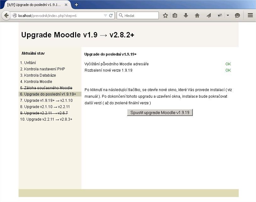 Nyní je potřeba se přihlásit do některého z administrátorských účtů. Tím se spustí proces upgradu Moodle a dle instrukcí Moodle upgradujete na vyšší verzi.