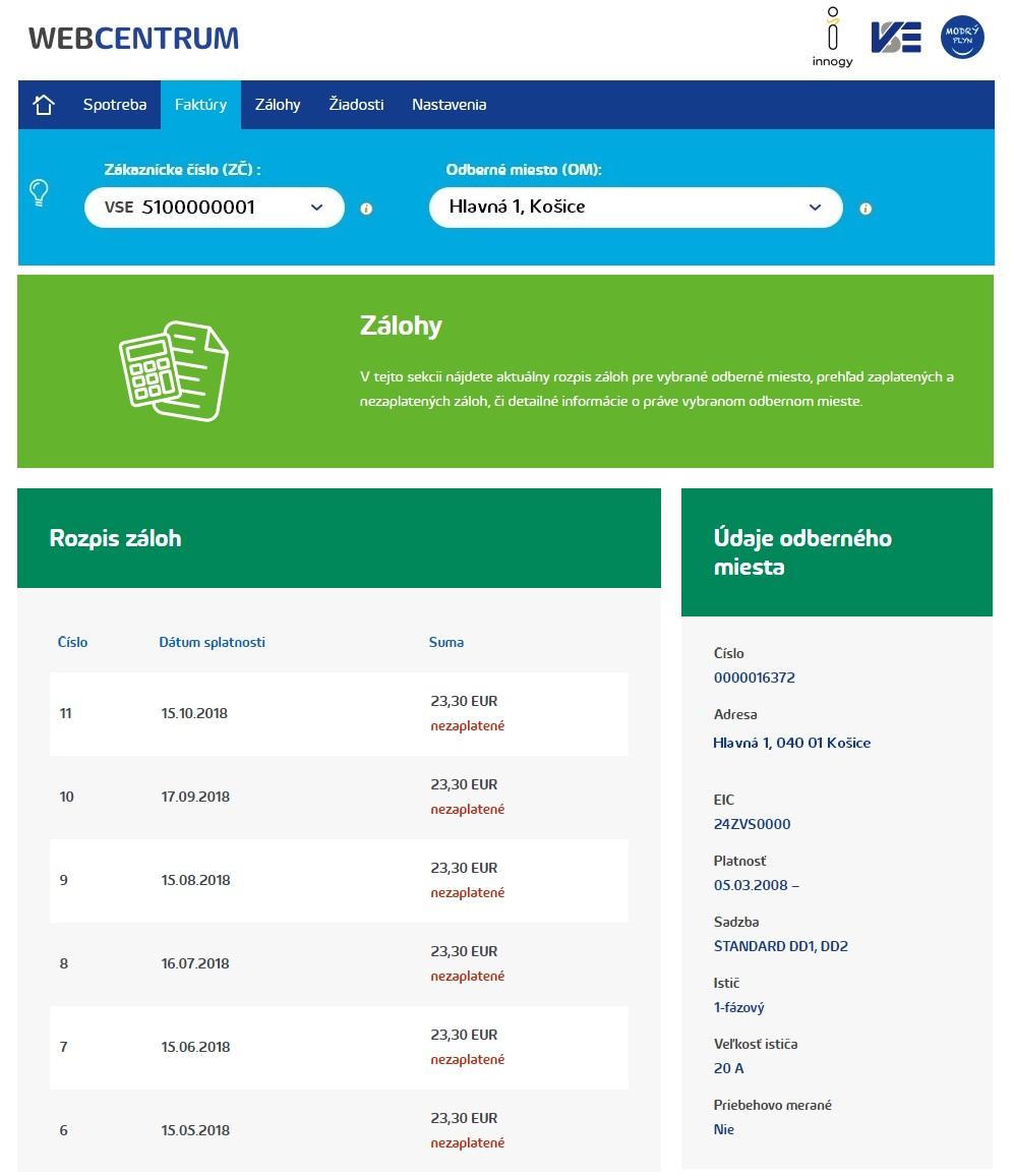6. Zálohy V tejto časti sa vám zobrazí rozpis zaplatených/nezaplatených záloh () pre aktuálne vybrané odberné miesto ako aj jeho detailné údaje