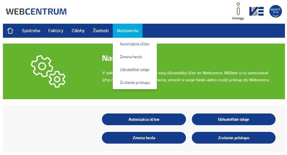 8. Nastavenia Táto časť vám umožňuje správu vašich používateľských nastavení. 4 3 Autorizácia účtov () Táto možnosť umožňuje pridanie/autorizáciu ďalších zákazníckych čísel k vášmu účtu na Webcentre.
