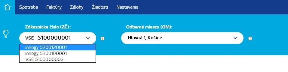 3. Výberový riadok Prostredníctvom výberového riadku si dokážete vybrať zákaznícky účet/číslo (ZČ) alebo odberné miesto (OM) na vybranom zákazníckom účte, na ktorý sa viažu zobrazené dáta.