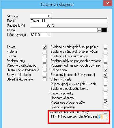 3. Zmeny nastavenia cenníkových položiek V okne cenníka je potrebné zmeniť na položkách, ktorých sa týka prenesenie daňovej povinnosti tovarovú skupinu a zadať kód colného sadzobníka.