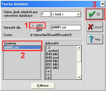 crt) postupnou volbou z menu Edit Bod Databáze Tvorba. V dialogovém okn Tvorba databáze oznaíte vzorový soubor crt a potvrdíte, viz obrázek 6. Obr.