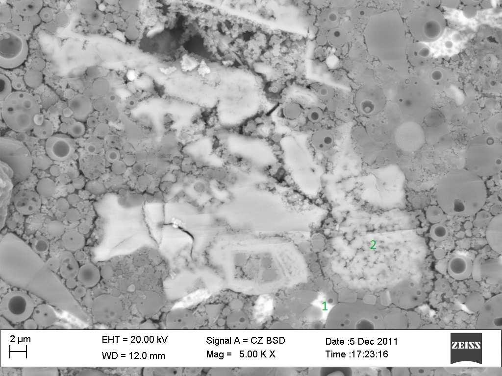 Obr. 55 SEM snímek Na-aktivované matrice s přídavkem 2,5 hm% všech kovů Tab. 29 EDX analýza v bodě 1 na obr. 55 Prvek Energetická hladina Wt% Wt% Sigma Atomová % Standard O K_series 28.55 0.19 55.