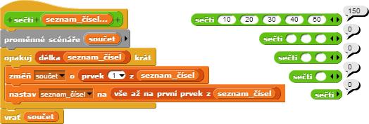 Ta postupně projde a sečte číselné hodnoty prvků předaného seznamu a nakonec vrátí výsledný součet. Definice funkce je zobrazena na následujícím obrázku 4.2.