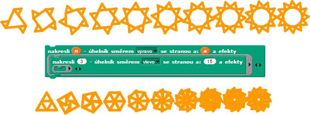 4.6 Kreslení n-úhelníků se střídajícími se dvěma příkazy Tímto lze při kreslení n-úhelníků v Snap docílit nesběrného množství efektů.