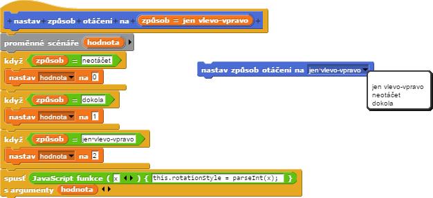 Obrázek 4.5.3 Tvorba [nastav způsob otáčení] s (JavaScript funkce) I tento příklad má jeden nedostatek.
