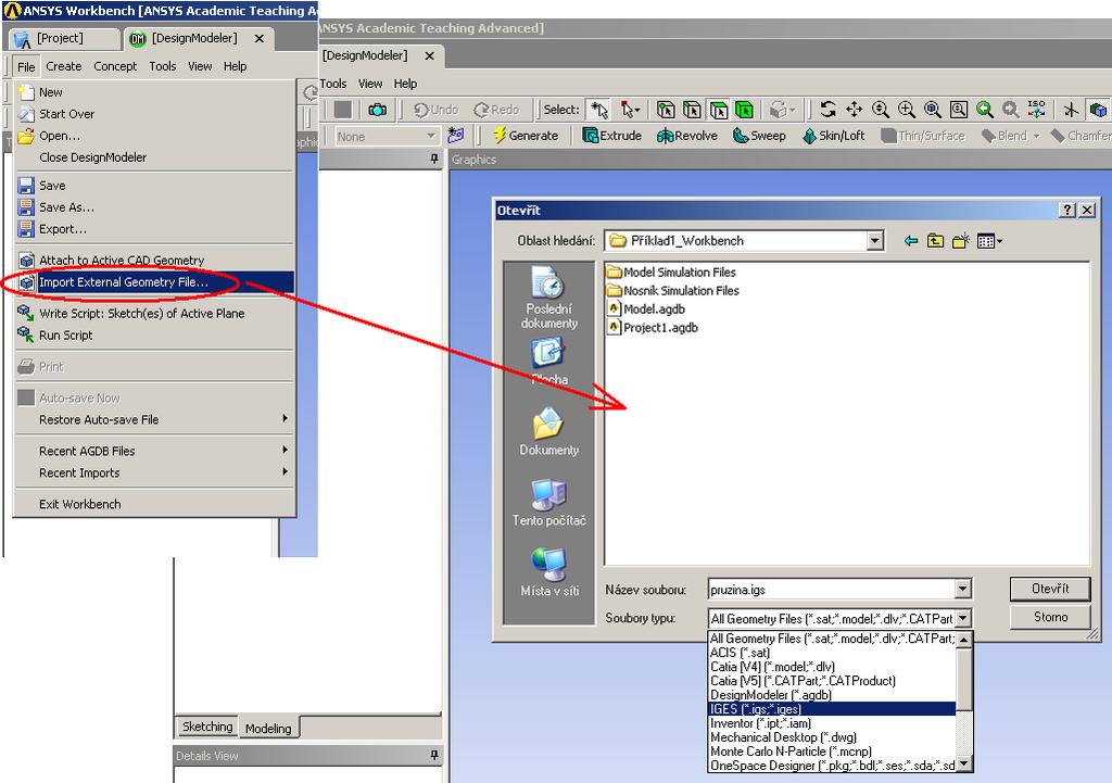 Zajímavá a v praxi často používaná je možnost importu geometrie. Nalezneme ji pod položkou menu File viz Obr.
