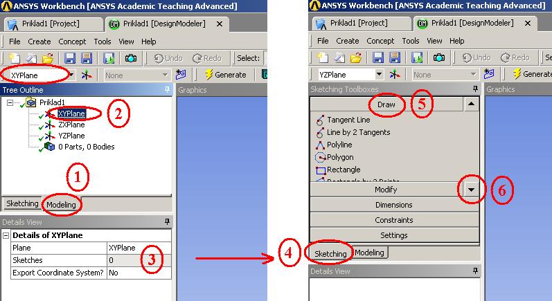 Přepneme z karty DesignModeler na kartu Project (krok 1), kde vidíme, že náš projekt ještě není uložen (Unsaved Project). Známým postupem (File/Save as Název souboru Uložit, krok 2) soubor uložíme.