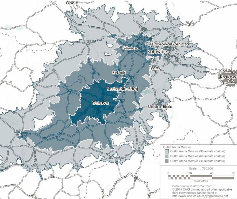 6,1 mil zákazníků do 90 min jízdy 6,1 mil customers within 90 min drive Analýza spádové oblasti Analýza spádové oblasti byla vytvořena společností Cushman & Wakefield, s použitím metodiky renomované