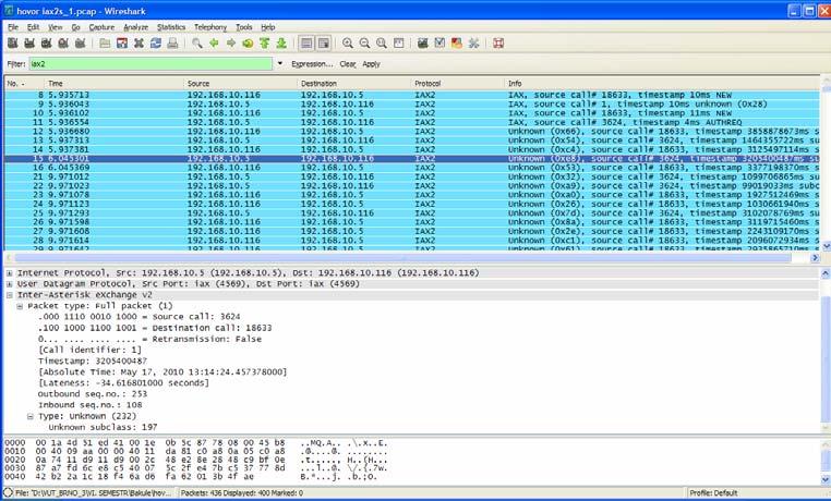 Obr. 4.10: Program Wireshark analýza paketů IAX2 se šifrováním 4.2 Násilné ukončení hovoru mezi dvěma komunikujícími účastníky Tento útok byl realizován za předpokladu přístupu účastníka do sítě.