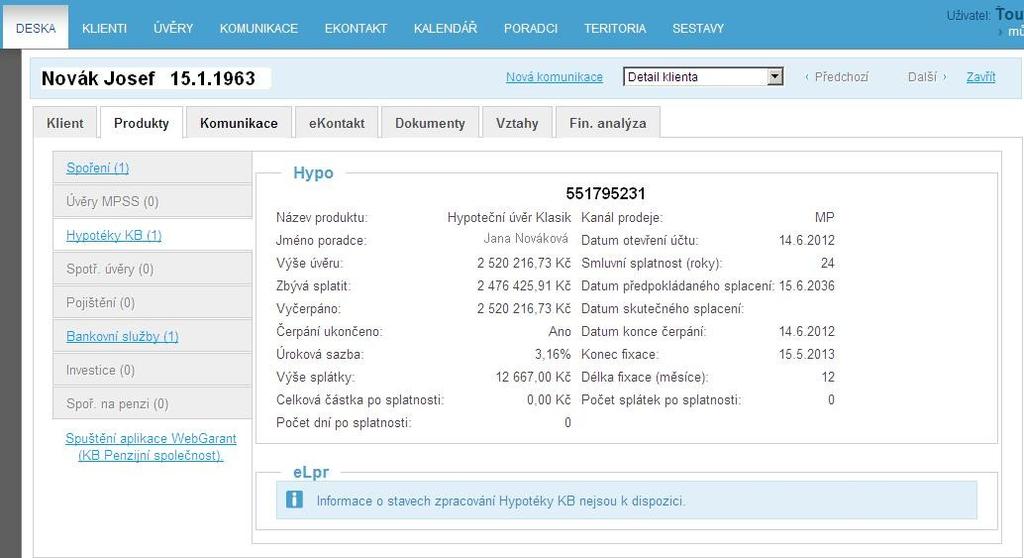 3.3 Hypotéky KB V této kategorii najdete informace o tom, zda klient má/nemá hypoteční úvěr od KB a dle práv také detailní informace o produktu část Hypo (více viz kapitola 4.