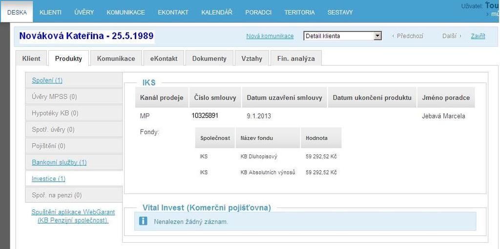 Obr. 8 3.8 Spoř. na penzi Na této záložce jsou zobrazovány informace k důchodovému spoření od KB Penzijní společnosti. Penzijní připojištění (pilíř III.) Jedná se o smlouvy, které byly uzavřeny do 30.