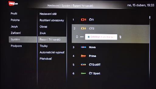 Opakovaným potvrzením tlačítka OK můžete označení Oblíbené opět zrušit Odebrat z oblíbených. Vytvoření oblíbených položek a řazení kanálů Řadit kanály si můžete podle svého přání a priorit.