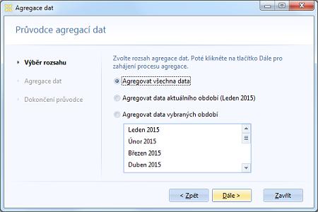 1. Výběr rozsahu V prvním kroku průvodce si zvolte období, pro která chcete agregaci provést. K dispozici máte volby pro agregaci všech dat, dat aktuálního období, anebo dat vybraných období.