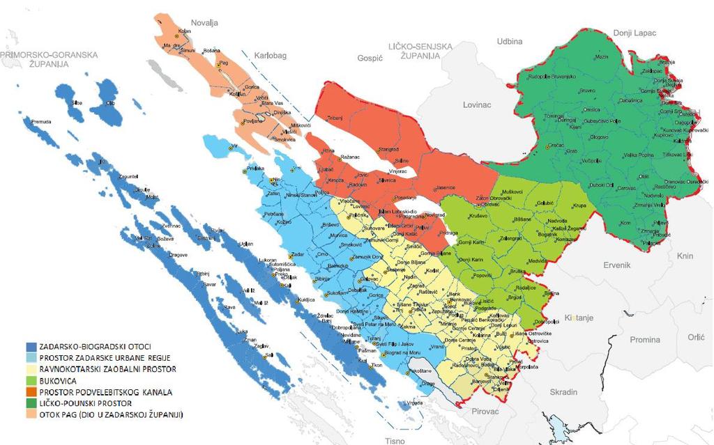 Geografski položaj opisanih prostorno-razvojnih cjelina prikazan je na Slici 2. Slika 2: Prostorno-razvojne cjeline Zadarske županije Izvor: ZADRA NOVA 1.1.4.
