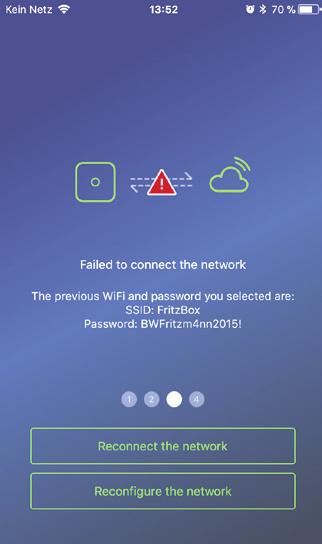 Odpověď: Zkontrolujte prosím zadaná síťová data a to, zda je váš router spojen s internetem a jednotka BURGprotect BASE je v dosahu rádiového signálu vašeho routeru.