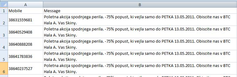 Pošiljanje sporočil SMS Uvoz iz.csv datoteke Še ena v praksi zares uporabna funkcionalnost spletne Communicator je pošiljanje masovnih sporočil SMS direktno iz datoteke.csv. Vse, kar potrebujemo, je datoteka.