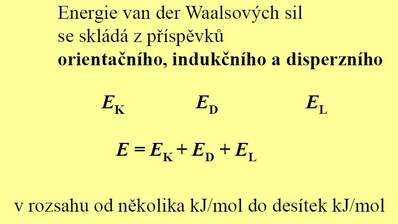 indukovaný dipól (disperzní efekt) Energie Van der Waalsovy vazby je úměrná 1/r 6,takže