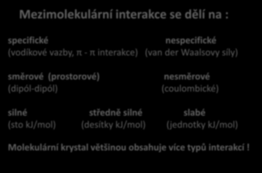 Typy mezimolekulárních interakcí Mezimolekulární interakce se dělí na : specifické