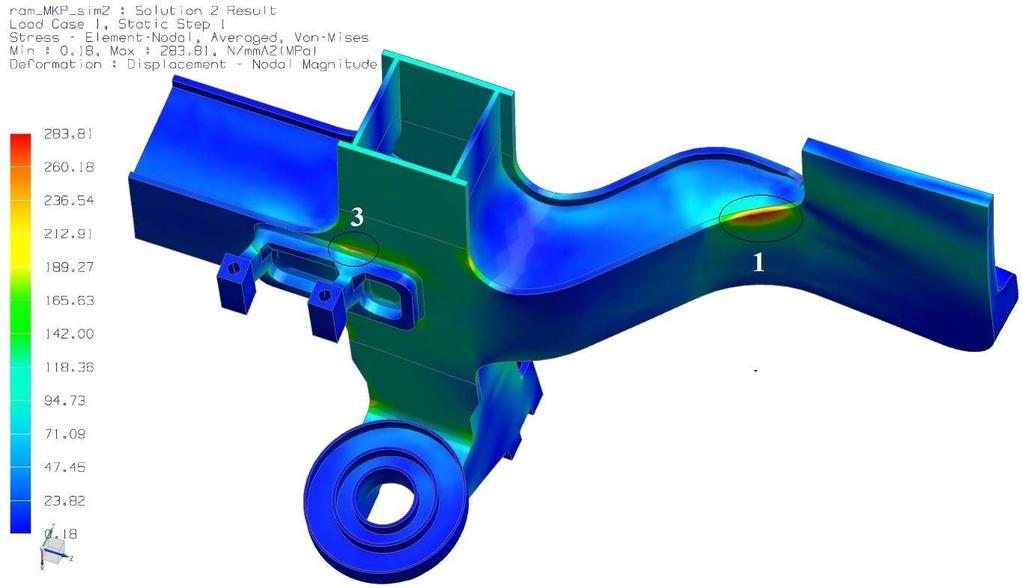 Von-Mises pohled zdola Z výše uvedených obrázků můžeme pozorovat, že po analýze metodou konečných prvků vzniklo více míst, kde