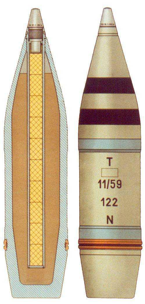 Střela 122 mm ED obsahuje účinnou dýmovou náplň 161 g.