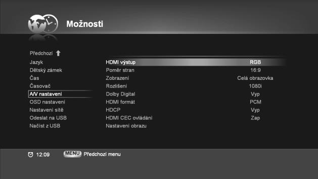 6.2.2.3. Nastavení času V menu Možnosti vyberte volbu Nastavení času. Nastavte datum a čas. Mód Datum PosunGMT Čas : Automaticky Datum a čas budou načteny z informací vysílání.