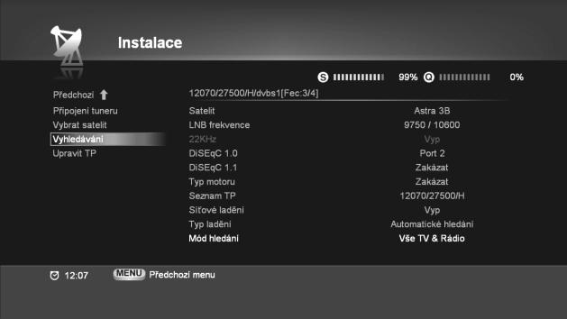 Instalace Nabídka Instalace vám umožní nastavit množství parametrů nezbytných pro příjem signálu, pro vynulování údajů o kanálech atd. 6.2.