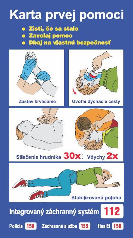 (2) Zadná strana karty prvej pomoci: 1. Krvácanie Ranu zakry sterilnou gázou a pevne obviaž obväzom.