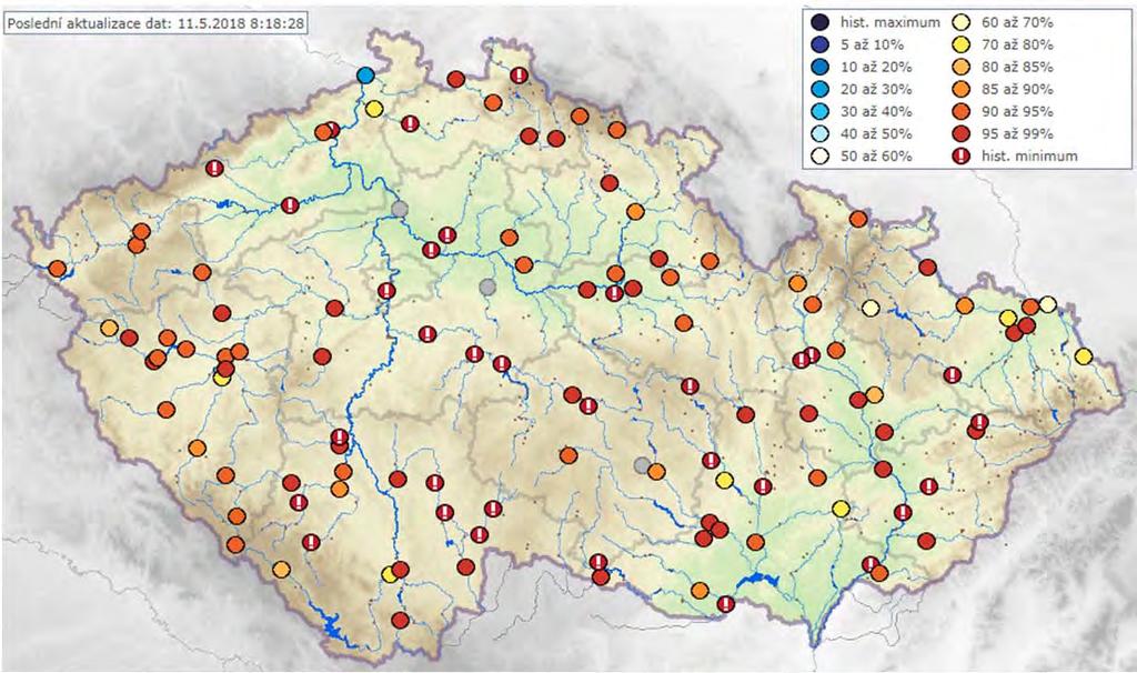 Mapa 2: Symboly ukazují porovnání současného průměrného průtoku za posledních 24 hodin se všemi pozorovanými denními průtoky v daný den roku za období pozorování.