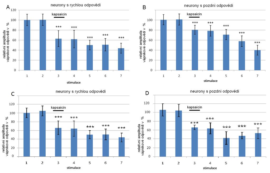 Aplikace kapsaicinu o koncentraci 0,25μM. Graf 21. Snímání při stimulaci s délkou pulzu 0,5ms (A a B) a 0.
