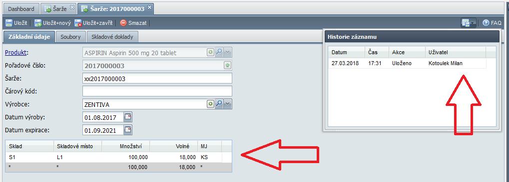 Sklady Evidence šarží Do evidence šarží byl doplněn přehled aktuálního stavu na jednotlivých skladech a nově i sledování historie změn v záznamu šarží.
