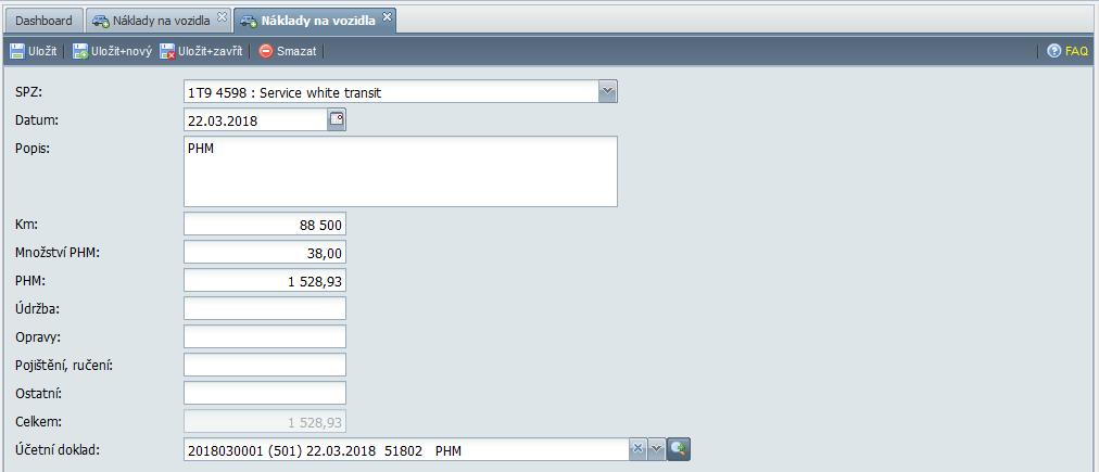Přeprava Sledování nákladů na vozidla Nová aplikace pro zadání detailu nákladů na vozidla (PHM, údržba, opravy ) s možností sledování stavu najetých kilometrů a vazbou na účetní doklady (faktury,