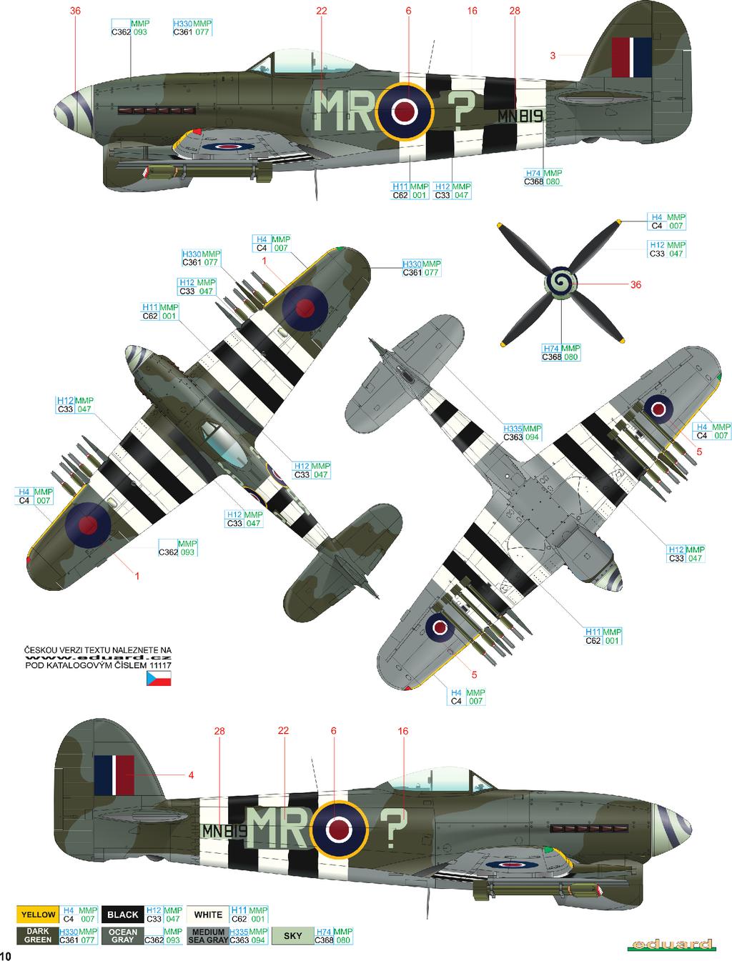 S/Ldr Jack Collins DFC, 245. (North Rhodesian) squadrona, 121. wing, B MN819, RAF Holmsley South, Velká Británie, červen 1944 Ve dnech 6. a 7. června 1944 přišla 245. squadrona o tři Typhoony.